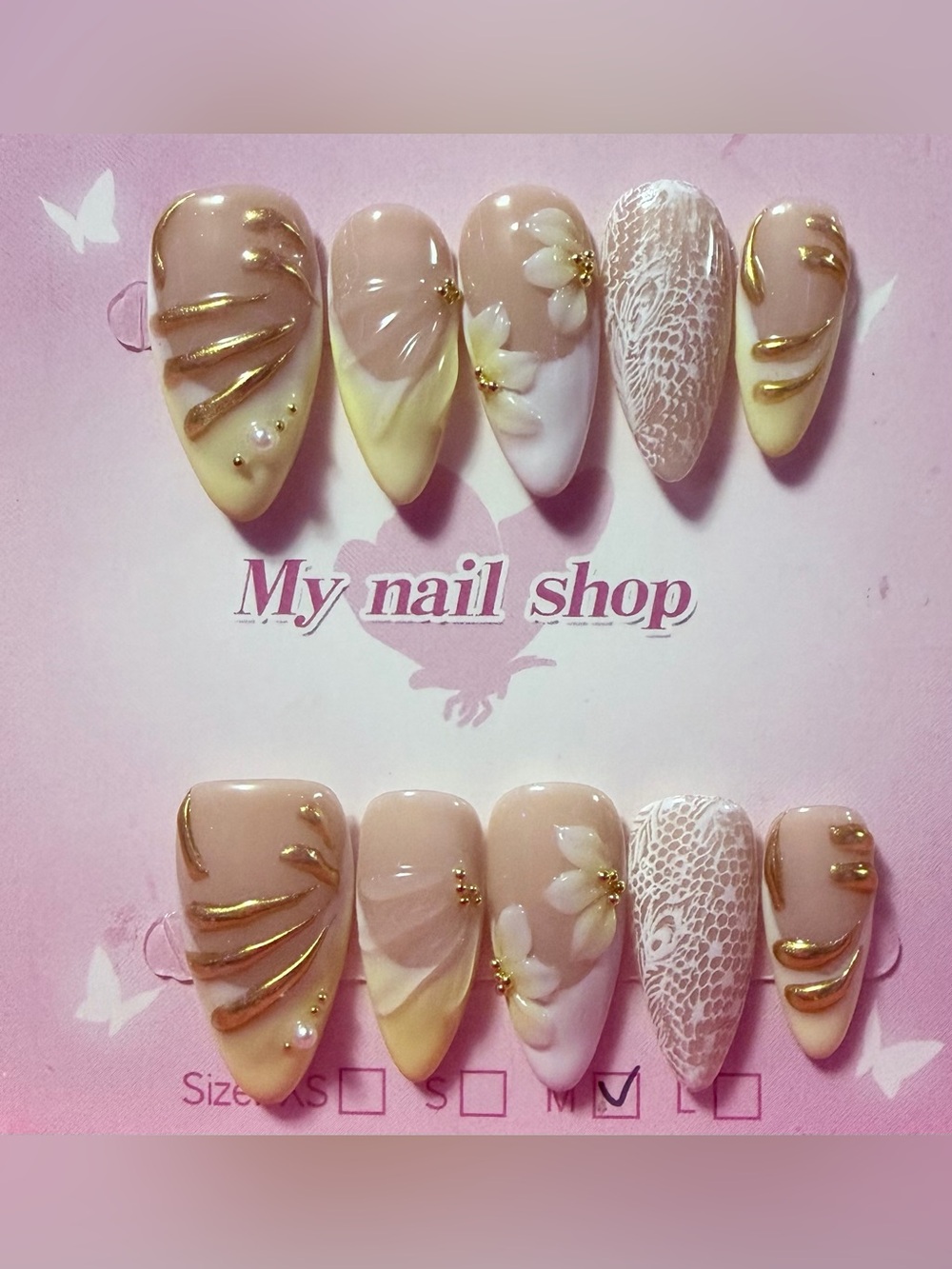 Nude & Cream Floral Accent Press-On Nail Set with Gold Detailing